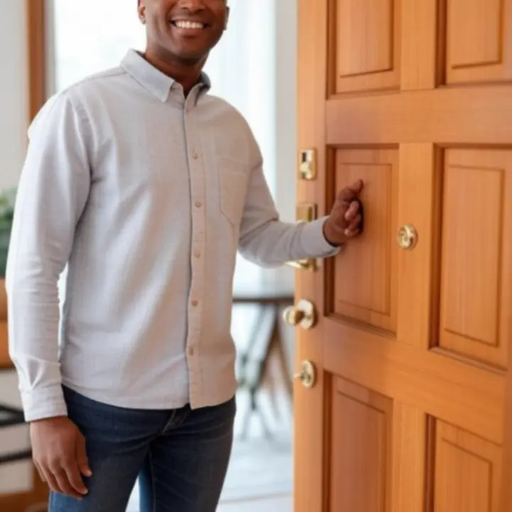 Elégedett ügyfél újonnan beépített bejárati ajtóval, professzionális szerelőcsapattal