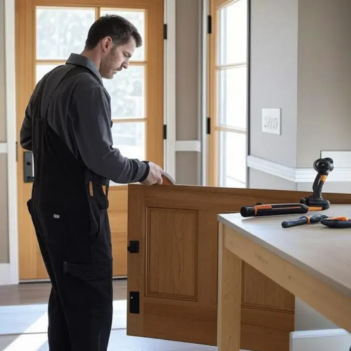 Ajtó beépítési folyamat lépései egy munkaterületen