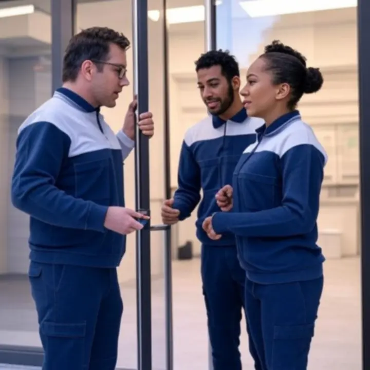 Szakértő ajtóbeépítő csapat munka közben, modern bejárati ajtó szerelésekor