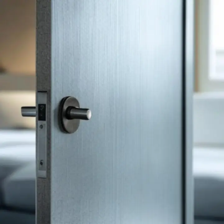 Ajtófelület és vasalat részletfotója, kiemelve az anyagstruktúrát és a precíz illesztéseket