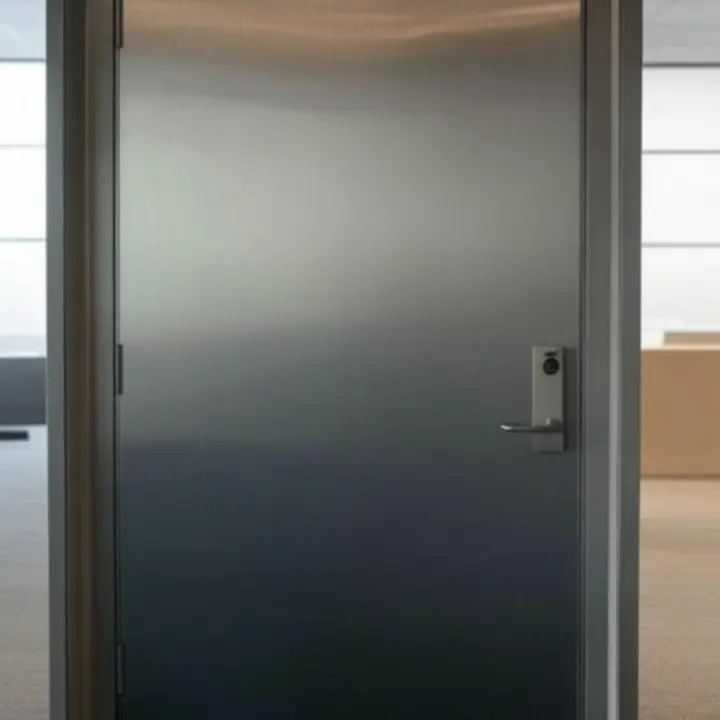 Modern fém ajtó üvegezett falakkal egy kortárs irodai környezetben