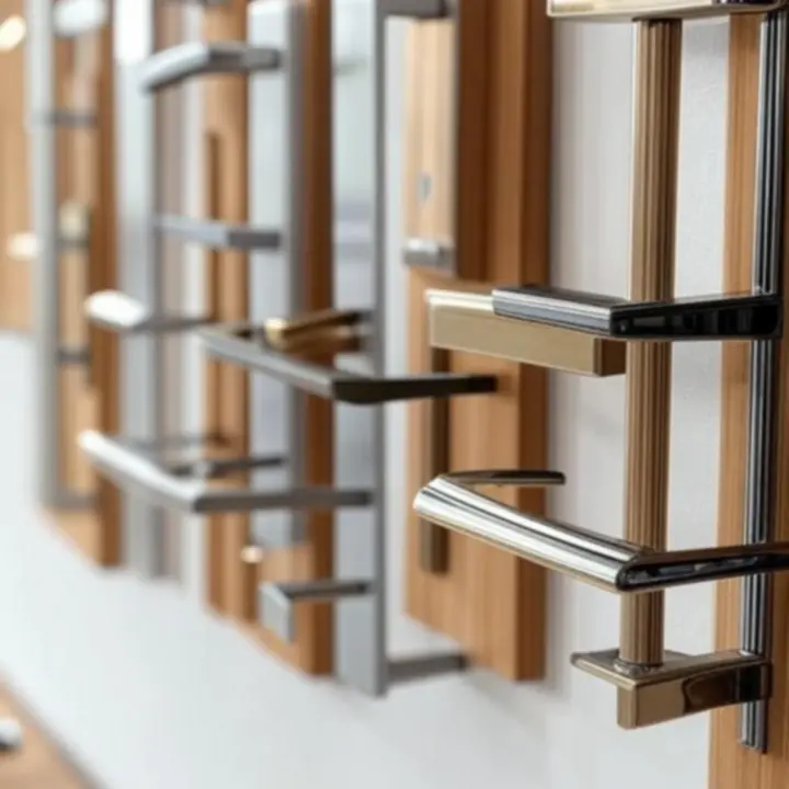 Különböző felületű és formájú ajtókilincsek modern bemutatófalon