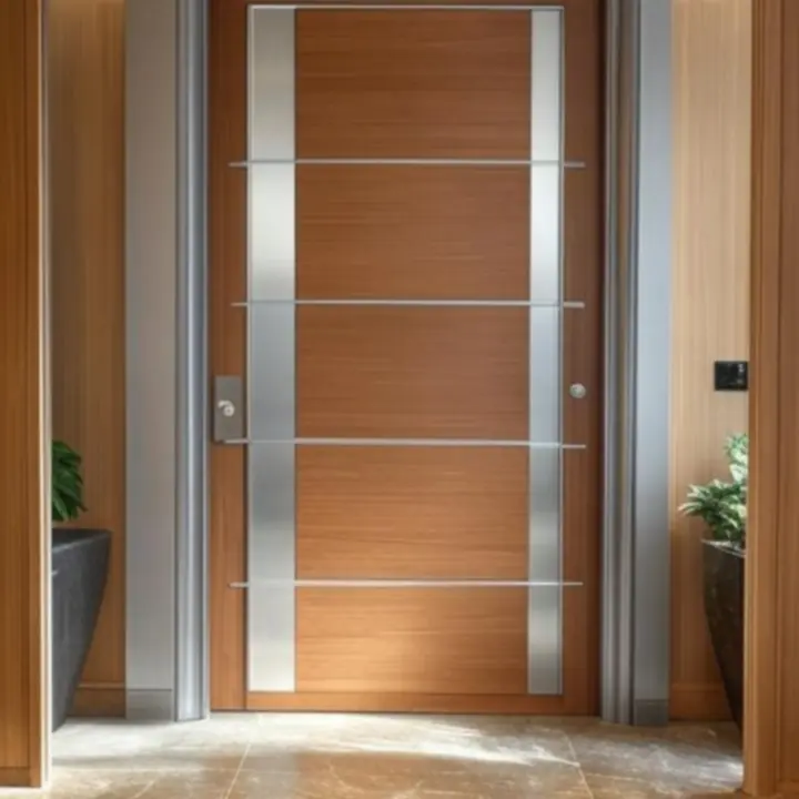 Modern bejárati ajtó természetes fa- és fémhangulatú háttérrel