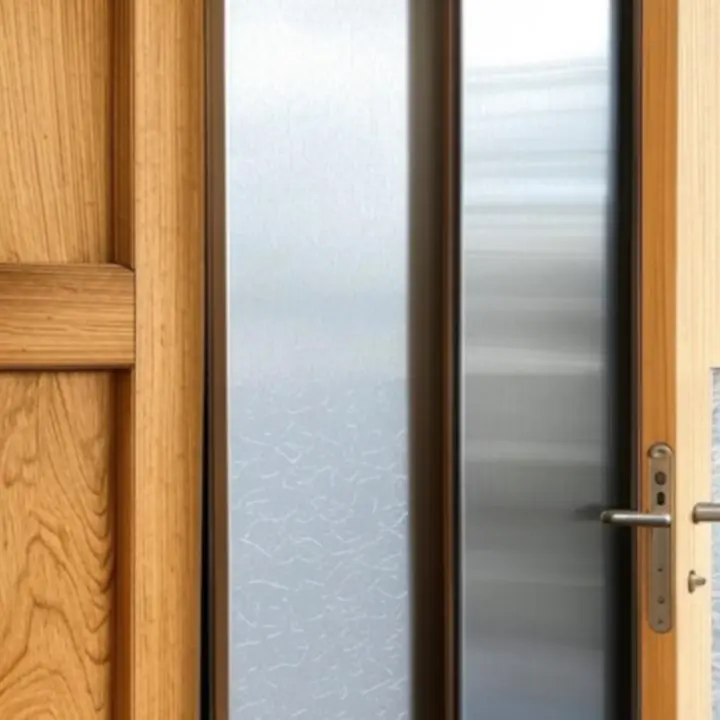 Közelről fotózott fa-, fém- és üvegfelület modern ajtóhoz